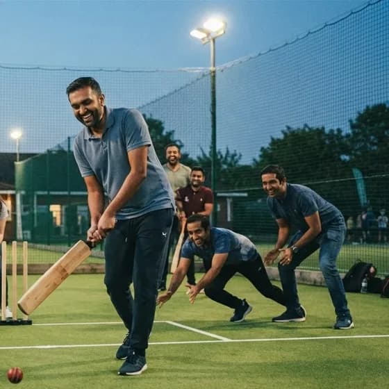 Colleagues playing box cricket under floodlights